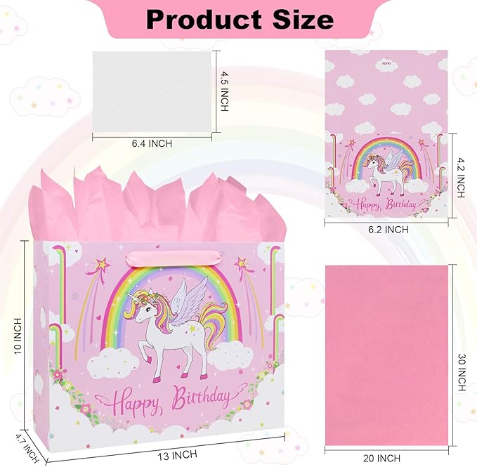 Oletx 13" Pink Unicorn Gift Wrap Paper Bag,Birthday Party Wrapping Bag With Tissue Paper Greeting Card for Women's Party,Mother's Day
