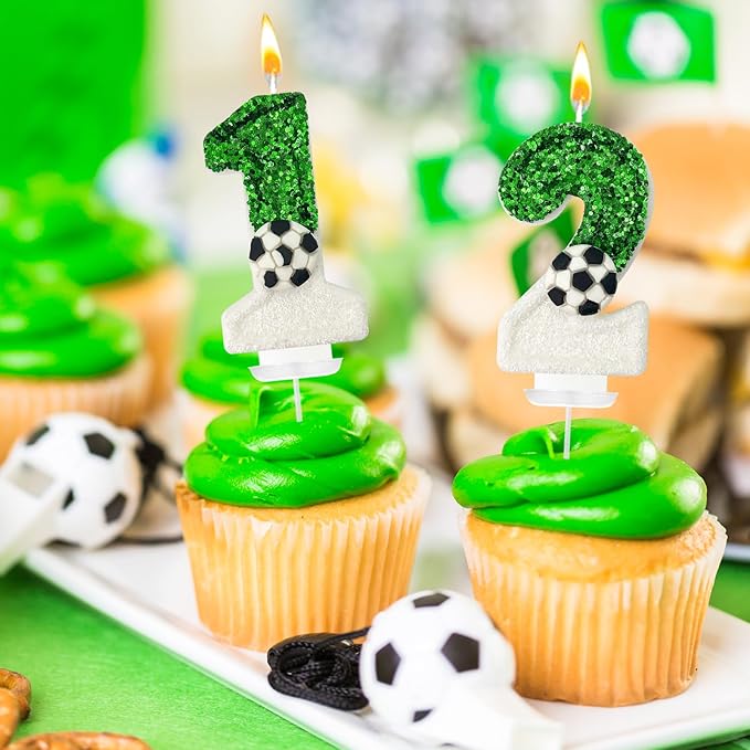 Soccer Birthday Candles Cake Topper for Girl and Boy, Wedding Cakes, Anniversaries, Party Celebrations, Birthday Decorations (Green White, 12)