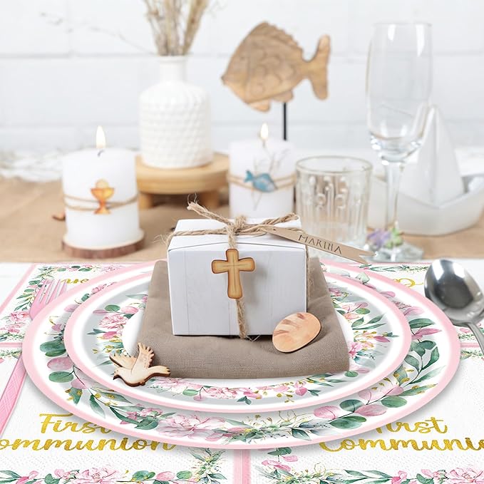 96 Pieces First Communion Floral Tableware Set – Pink Floral Cross Disposable Plates, Napkins for First Communion Party, Christening, Baptism, and Religious Celebrations – Serves 24 Guests