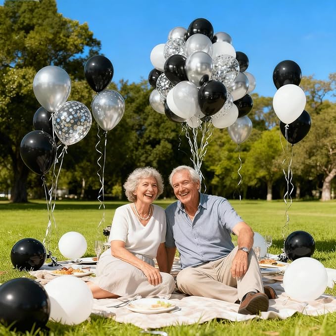 Zesliwy Black Silver Balloons Set,50pcs 12inch Metallic Silver Black White Pearl Silver Balloon with Confetti Latex Balloons for Birthday Wedding Graduation Anniversary Party Decorations