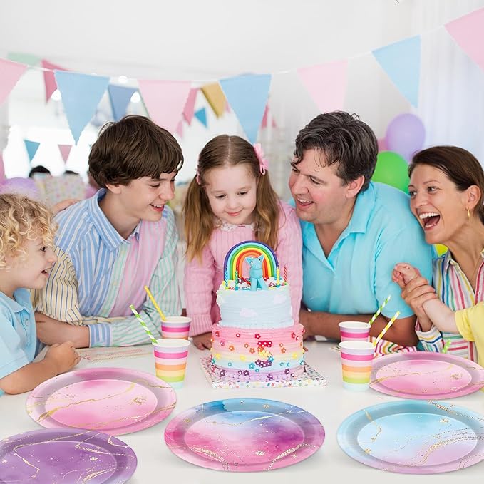 Lonfliness 48PCS Tie Dye Paper Plates 7inch Pink and Purple for Birthday, Mermaid Unicorn Party Decorations Tableware Kit - Baby Shower Wedding Supplies