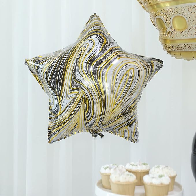 Tableclothsfactory Set of 6 | Gold/Black Marble Mylar Foil Party Balloon Set, Star, Round and Crown Balloon Bouquet with Ribbon, Party Decorations