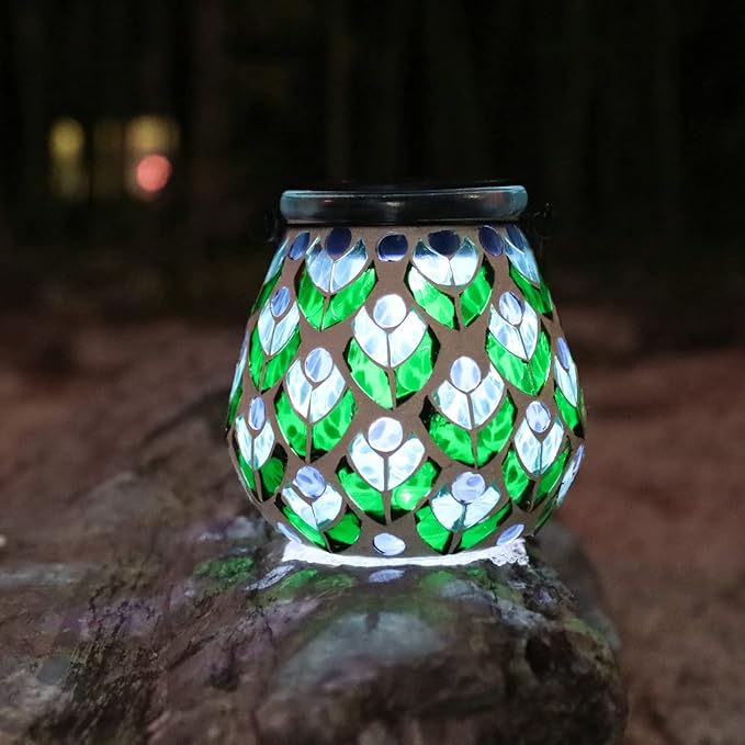 Afirst Mosaic Solar Lanterns Outdoor - Glass Hanging Solar Lights Hollow Out Waterproof Table Lamp Outdoor Decorative for Garden, Patio, Holiday Party Outdoor Decoration