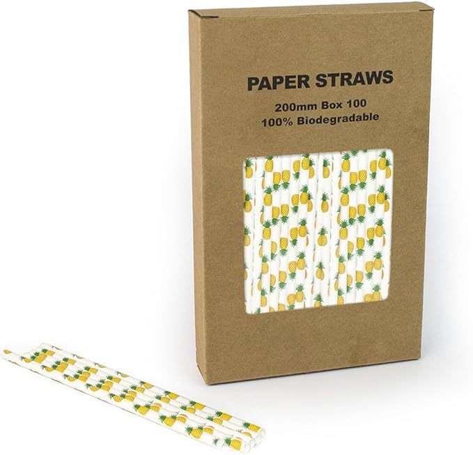 Yellow Pineapple Paper Straws Bulk, Kids Cute Fruit Paper Drinking Straws for Wedding 1st Birthday Party Holiday Luau Beach Bachelorette, Cake Pop Sticks (Pineapple, 100)