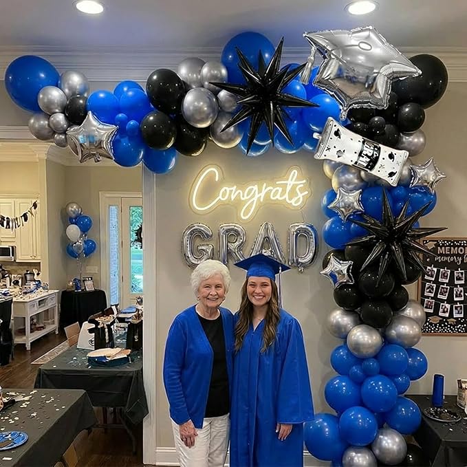 Blue Black Silver Graduation Balloon Garland Arch Kit with Graduation Star print Certificate Letter Foil Balloons for Graduate Class of 2026 Grad Prom party Decorations Supplies
