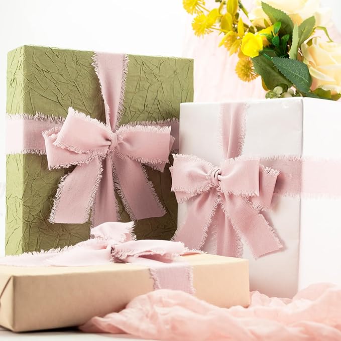 Pink Cotton Ribbon 1-1/2 Inch Pink 3 Rolls 21 Yards Frayed Edge Fabric Set for Bridal Shower, Baby Shower, Wedding Invitations, Birthday Party & Gift Wrapping