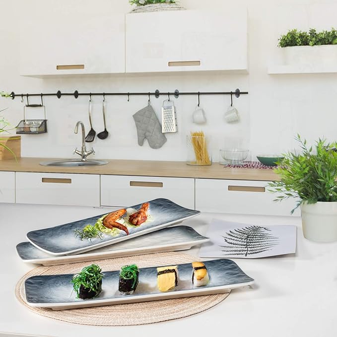 Eglaf 11.5'' Ceramic Platters - Rectangular Embossed Texture Sushi Plates - Party Porcelain Serving Trays for Appetizer, Dishes Decoration, Entertain Guests (Set of 3-Gray)