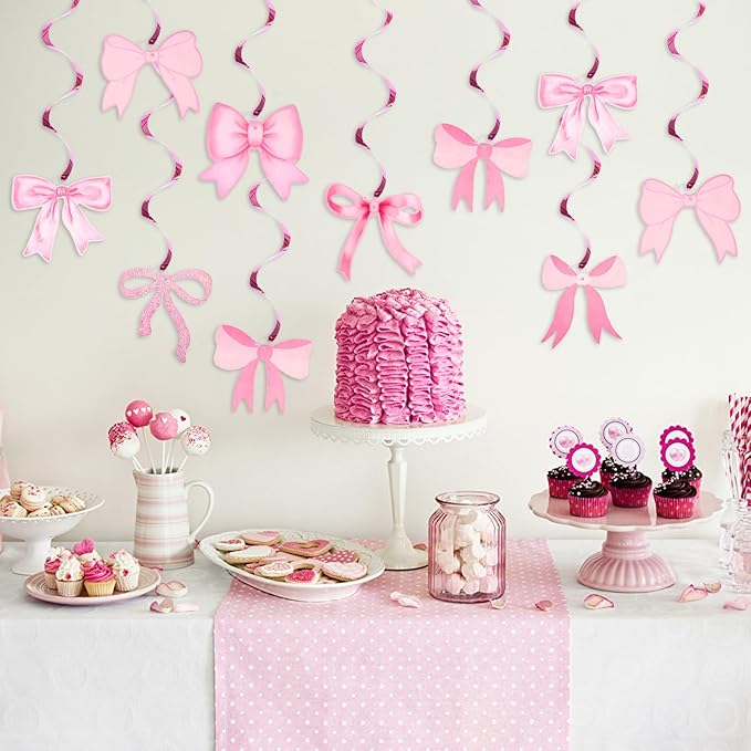jijAcraft Pink Bow Garland, 20Pcs Bow Birthday Banner, Girl Theme Party Garland Banner, Pink Swirls Decoration for Baby Shower, Bridal Shower, Bachelorette