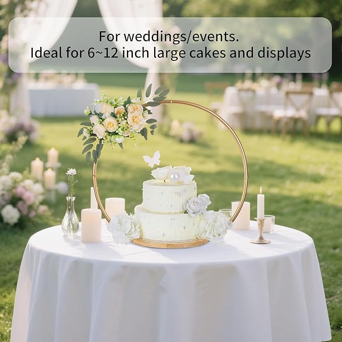 Hanobe Wedding Cake Stand Gold: 14 Inch Round Arch Cupcake Display Stands with Wood Base for Party Decorative Metal Hoop Centerpiece Decor for Birthday Baby Shower
