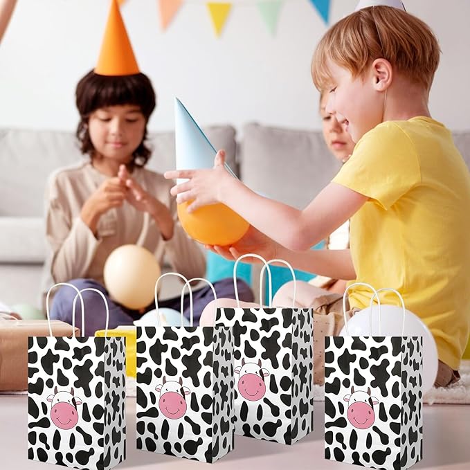 20Pcs Cow Party Favors Bags with Handles, Farm Themed Kraft Paper Gift Bags Candy Bags, Cute Cow Print Goodie Bags for Girls Boys Birthday Baby Shower
