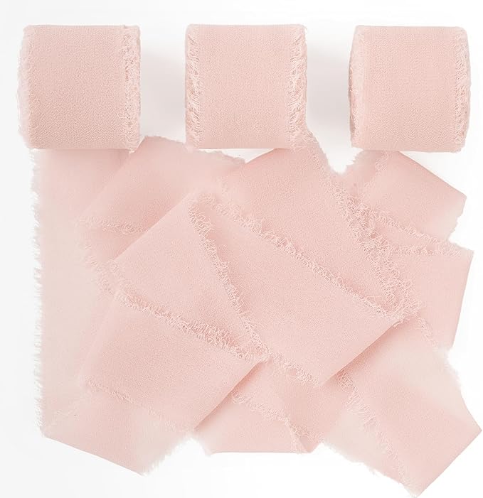 Blush Pink Chiffon Ribbon 1.5" x 21 Yd Handmade Fringe Silk Chiffon Fabric Ribbon for Gift Wrapping Wedding Invitation Bridal Flower Bouquet DIY Crafts Home Decor