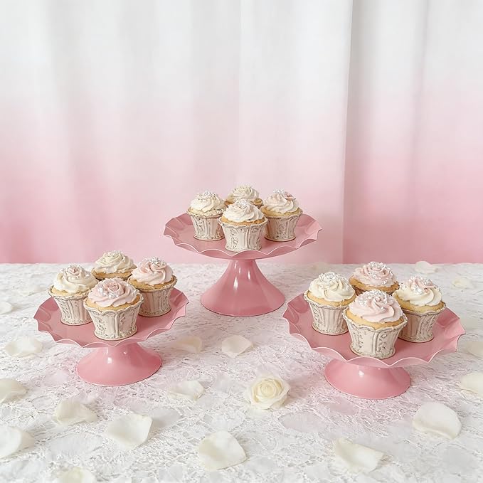 3 Pcs Metal Cake Stand Set, Scalloped Edge Cupcake Tray Dessert Display Platter, Decorative Serving Stand for Wedding, Birthday, Tea Party,Baby Show (Pink)
