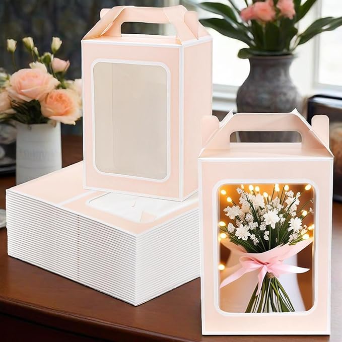 Tosnail 30-Pack Pink Gift Bags with Window, 9.8 Inches Tall Clear Favor Boxes, See Through Bag for Gifts, Party Favors, Weddings, Bridal Shower