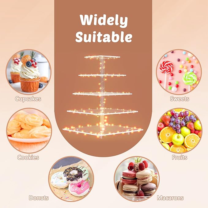 weddingwish 5 Tier Acrylic Cupcake Stand with LED Light, Clear Cupcake Stand for 50 Cupcakes, Cupcake Holder Tower Dessert Table Display Set for Birthday, Baby Shower, Tea Party and Wedding Décor