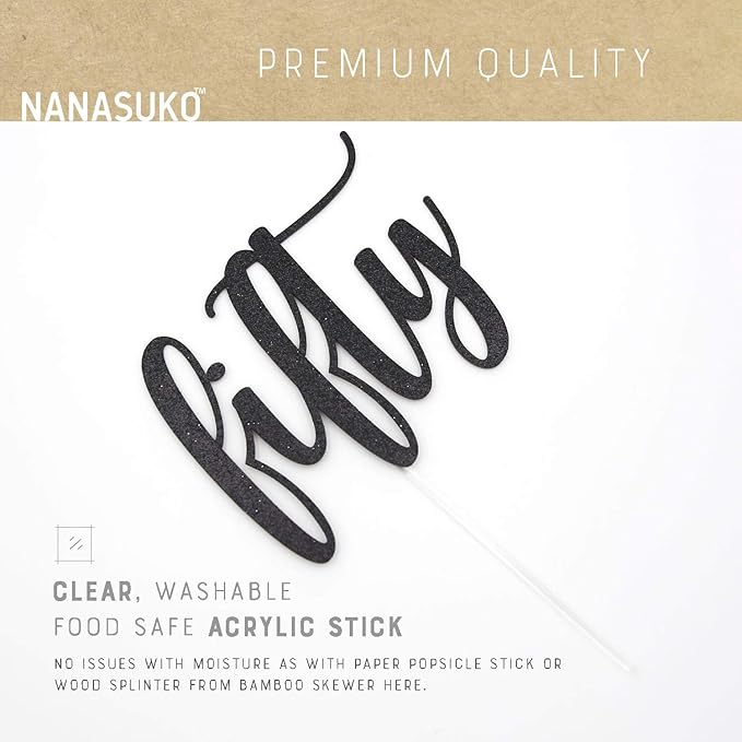 50th Birthday Cake Topper - fifty - Double Sided Black glitter - Premium quality Made in USA