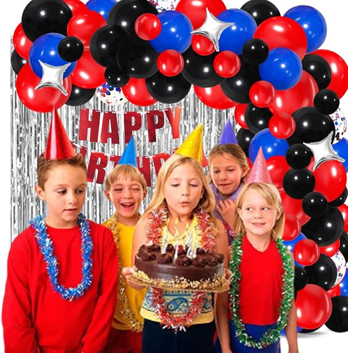 Red Blue Black Balloon Garland Arch Kit - Blue Black Balloons Red BlueBalloons Silver Tinsel Foil Fringe Curtain for Super Spider Hero Man Boys Birthday Graduation New Year Party Decorations