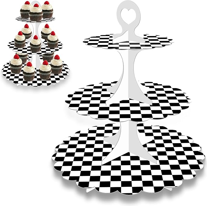 Racing Cupcake Stand 2-Pack - 3-Tier Black White Checkered Dessert Tower for Car Birthday Party, Race Theme Decorations, Baby Shower, Graduation Party, Easy 60s Assembly