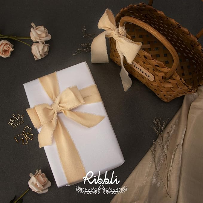 Ribbli 3 Rolls Nude Ribbon 1.5 Inch x 18Yards Beige Handmade Cotton Frayed Fringe Ribbons for Gift Wrapping Wedding Invites Bridal Bouquets Baby Shower DIY Crafts Home Decor