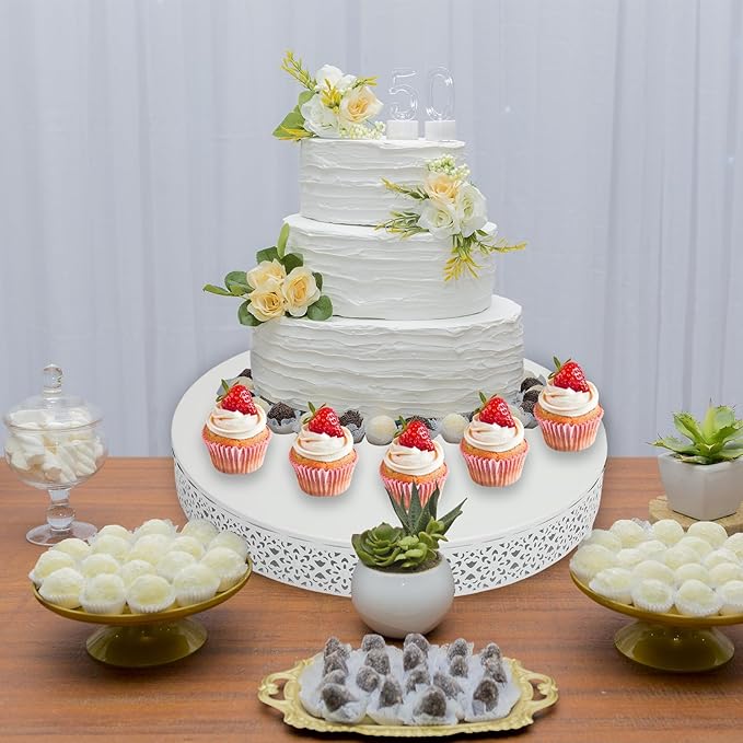 3 Piece Cake Stands Set 16'' 14'' 12'' Round Metal Cake Stands Cupcake Stand Riser Pastry Candy Display Plate for Dessert Table Wedding Event Birthday Anniversary Party (White)