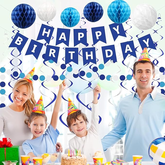 Blue Birthday Decorations Banner Navy Blue Happy Birthday decorations with 6 Honeycomb Balls,6 Metallic Hanging Swirls and Circle Dot Garland Decroations for boys men Birthday Party Decorations