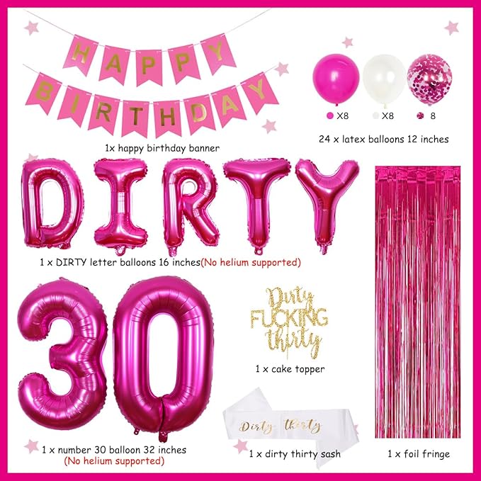 30th Birthday Party Decorations for Her Hot Pink Dirty Thirty Banner Balloon Dirty 30 Sash Cake Topper for 30 Years Old Birthday Party Supplies