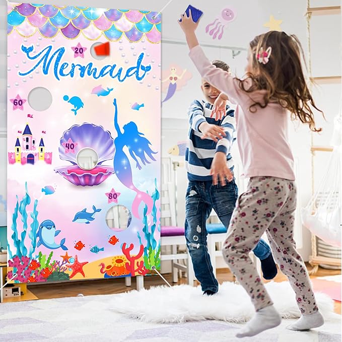 iPartycool Mermaid Toss Game, Mermaid Birthday Party Games, Mermaid Bean Bag Toss Games, Mermaid Party Supplies, Mermaid Backdrop Mermaid Party Games for Kids Adults Outside Activities Outdoor Games