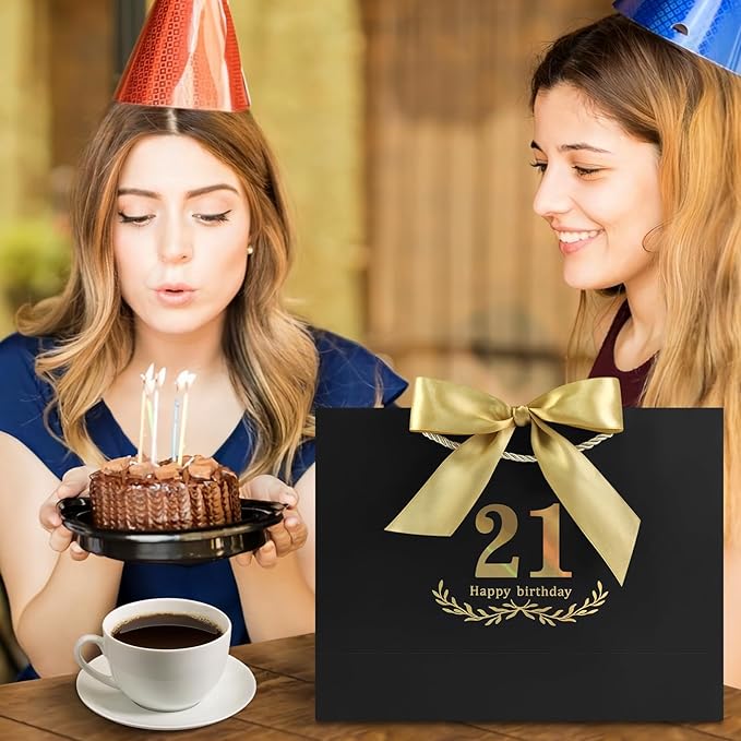 JMANNI Black Gold 21st Birthday Gift Bag with Card and Tissue Paper, 12.6"×9.84"×3.9" Elegant Present Bag for Adults, 21 Year Old Birthday Keepsake Party Supplies