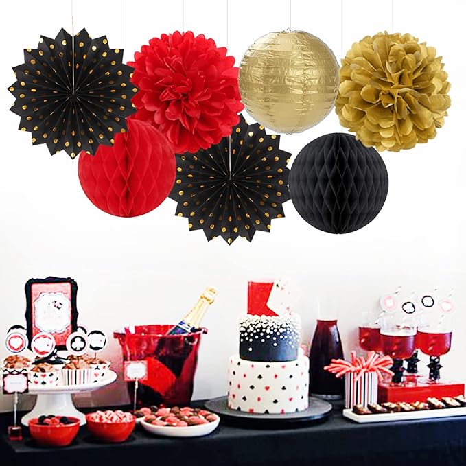 Red-Black Gold Party Decorations Streamers Lanterns - 14pcs Casino-Theme Graduation 2026 Paper Fan,Game Night Wedding Birthday Baby Bridal Shower Tissue Pom Poms,Honeycomb Balls Decor Ouruola