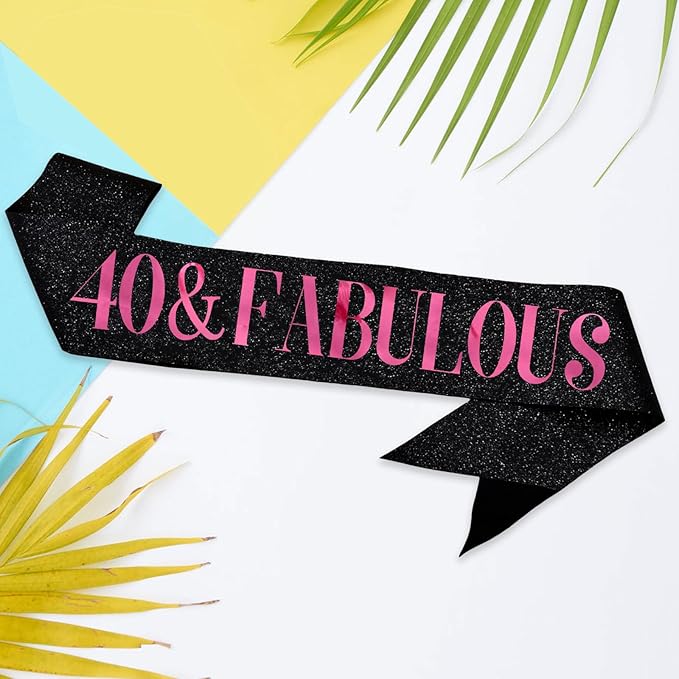 40 & Fabulous Sash, Funny 40th Birthday Sash for Women 40th Bday Party Photo Prop Favors Suppiles, Pink Foil Letter, Glitter Black