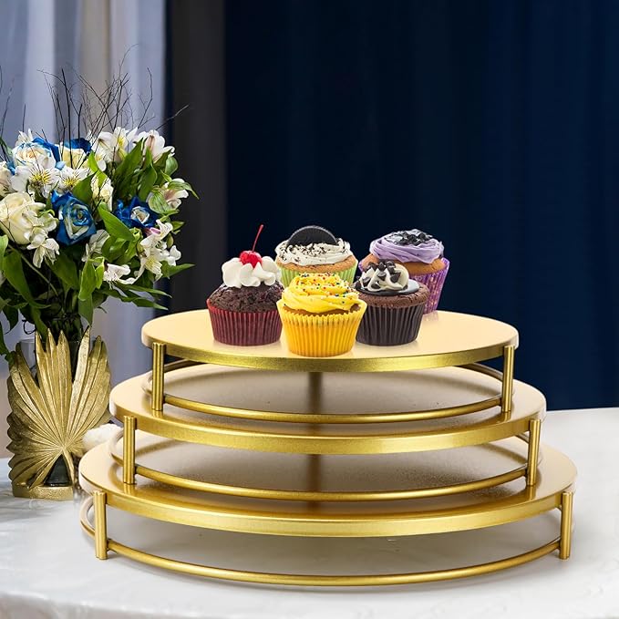 Wenqik 3 Pack Gold Cake Stands 16'' 14'' 12'' Round Metal Cupcake Display Stands Dessert Trays Table Decoration Cookies Serving Plates with Modern Design for Wedding, Birthday, Party, Celebration