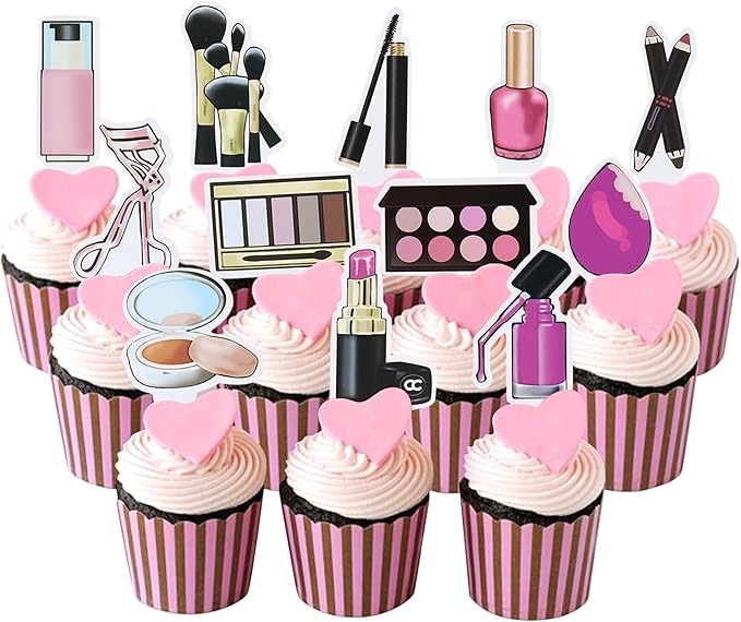 Ercadio 36Pcs Double-Sided Makeup Cupcake Toppers Lipstick Cosmetics Cupcake Picks Eye Shadow Eyelash Curler Food Picks for Girls Makeup Birthday Bridal Shower Bachelorette Party Decorations Supplies