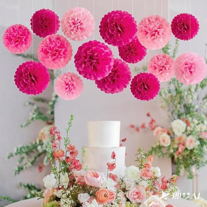 XIKSXITN 12 pc Pink Tissue Paper Pom poms in 3 Colors-Hanging Paper Pom Poms Paper Flowers Ball for Party Decor