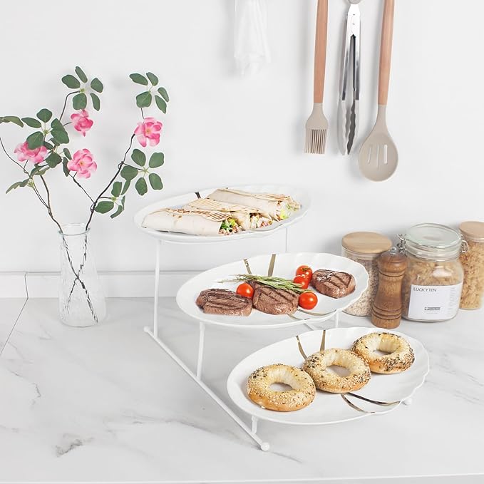 three-tier dining stand, including three 9.8-inch rectangular gold-rimmed plates, foldable and sturdy white metal stand for food display, fruit, desserts, party entertainment decoration