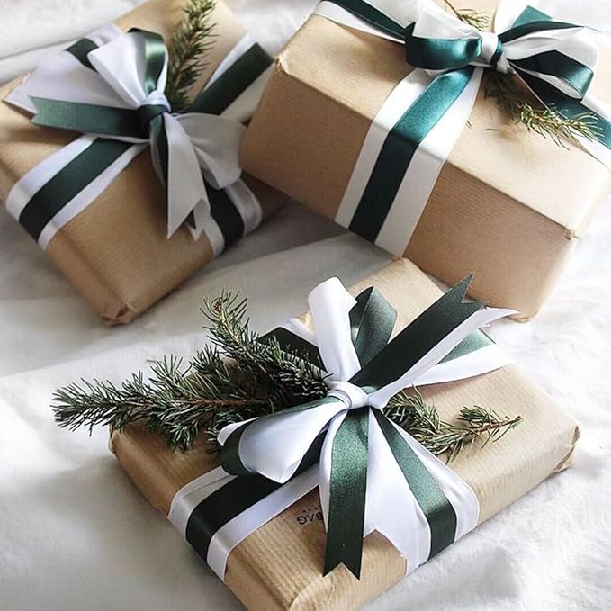 Gold Christmas Ribbon, Gold White Satin Ribbon 1 Inch 50 Yards Fabric Ribbons for Christmas Party Decorations, Gift Wrapping, Tree Ornaments, Bouquets, Door Wreaths, Bows Making and DIY Crafts
