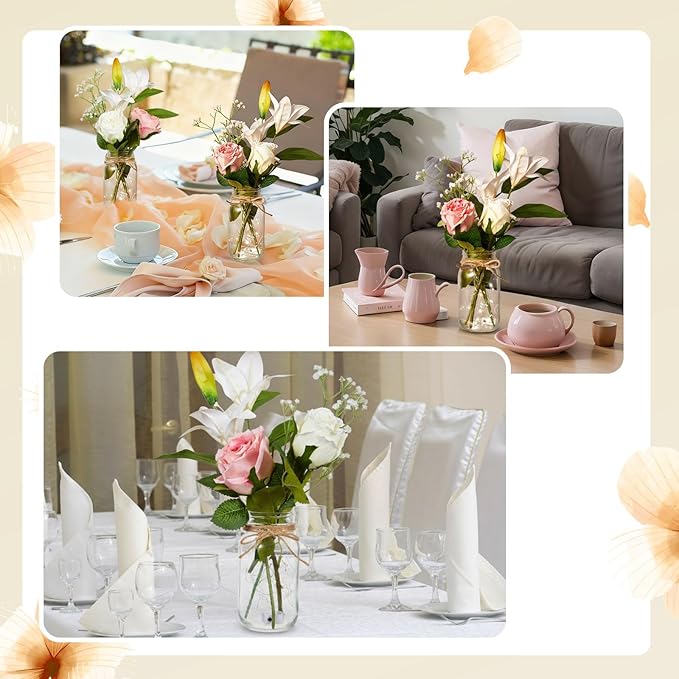 4 Sets Mason Jar with Lights Pink White Flowers Decorative Pink White Centerpieces for Tables Mason Jars Rose Lily Gypsophila Decorations LED Farmhouse Vase for Home Wedding Event Party Decor