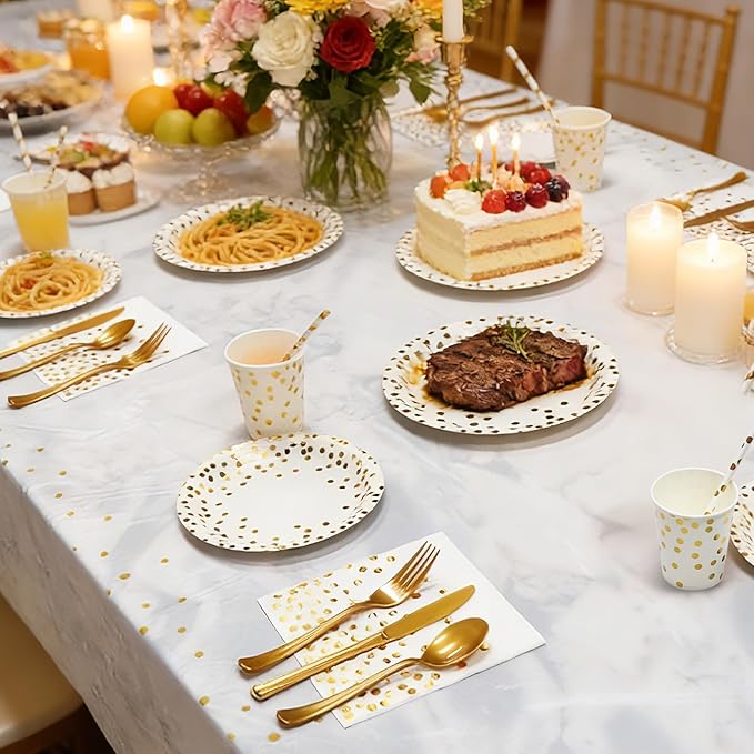 Party Supplies 402pcs White & Gold Plates and Napkins Sets - Disposable Dinnerware Sets for 50 Guests with Paper Plates Cups Straws Plastic Cutlery 2 Tablecloths - Bridal Shower Birthday Wedding