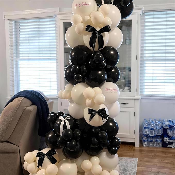 HILAVO Black and Sand White Balloon Arch Kit 105 Pcs Bow Balloon Garland Coquette Bow Balloons Ribbon Double Stuffed Sand Black Balloons for Coquette Birthday Wedding Baby Shower Bridal Party Decor