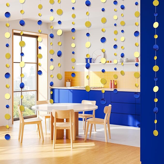 Outus 10 Pieces Blue,Gold Round Dots Garland Graduation Party Hanging Decor Each Length 13.1ft Glitter Paper Dot Streamers for Birthday Wedding Classroom Supplies