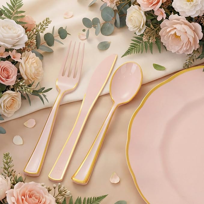 Supernal 120 PCS Pink Plastic Silverware Heavy Duty - Disposable Pink Utensils with Gold Silverware Set Include 40 Forks, 40 Knives and 40 Spoons for Valentines Day/Birthday Party/Wedding