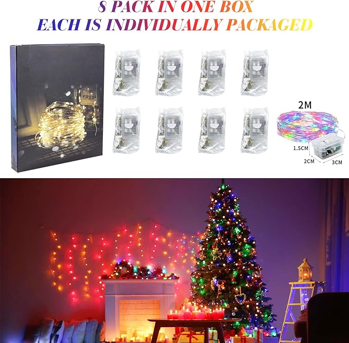 8 Pack Fairy Lights Battery Operated, 7FT 20 Mini LED Fairy Lights Silver Wire Twinkle Lights for DIY, Parties, Wedding, Bedroom, Christmas Decoration (Multi-Colored)