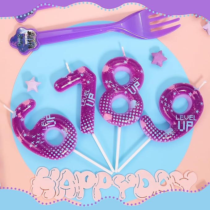STG Birthday Candles for Boys - Number 8 Candle for Video Game Birthday Cake Topper, Fort Battle Level Up Sandbox Games Birthday Party Supplies (Purple)