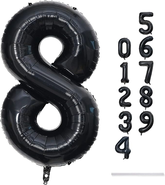 Black Number 8 Balloons, 40 Inch 8th Birthday Foil Balloon for Boys Girls, Giant Self Inflating Helium Mylar Foil Number Balloons 0-9 for Women Men 18th 80th Anniversary Party Decorations Supplies