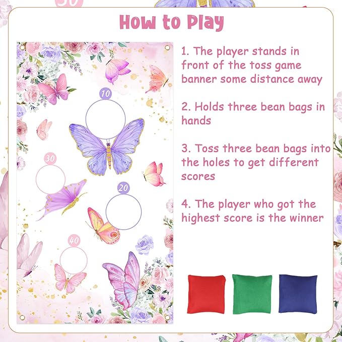 Serencatcher Butterfly Toss Game Banner with 3 Bean Bags Butterfly Bean Bag Toss Games Backdrop for Butterfly Party Games Butterfly Themed Birthday Baby Shower Party Decorations Favors