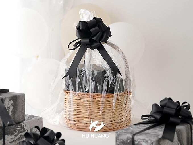 HUIHUANG Black Bows for Gift Wrapping 12 PCS Black Satin Pull Bows 4 inch Gift Bow for Presents, Gift Basket, Paper Bag, Wrapping Accessories, Birthday Wedding Party, Christmas Decor