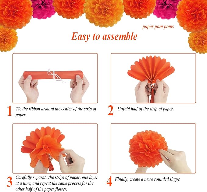 Envibe Pink Orange Party Decorations, Tissue Paper Pom Poms Decorations for Wedding, Baby Shower, Bridal Shower, Graduation and Thanksgiving Party, 36 Pcs Orange Birthday Decorations.