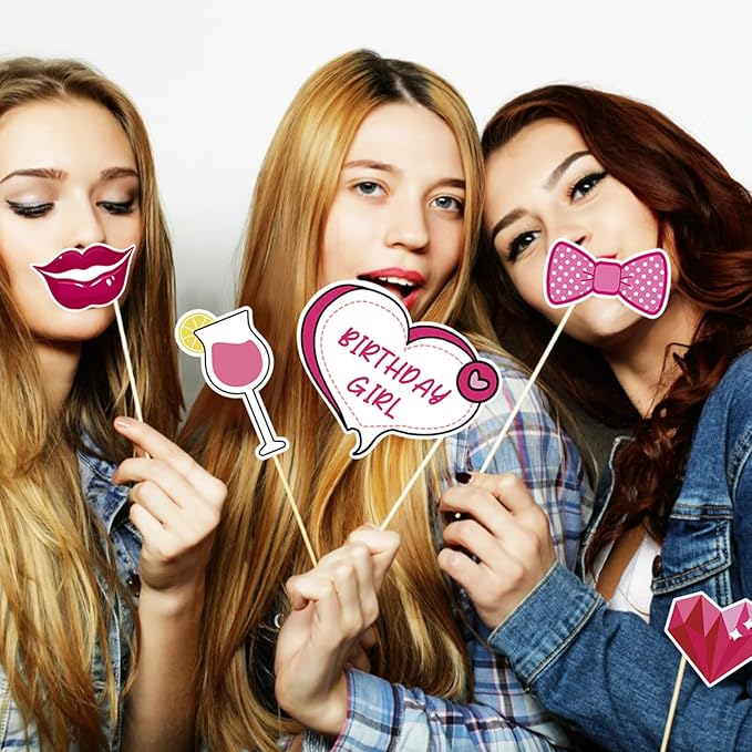 30 Pcs Pink Girls Birthday Photo Booth Props Kit - Hot Pink Princess Birthday Party Decoration Set with Real Glitter Cute Designs for Her, Funny Selfie Photo Booth Props for Kids Girls Any Bday Party