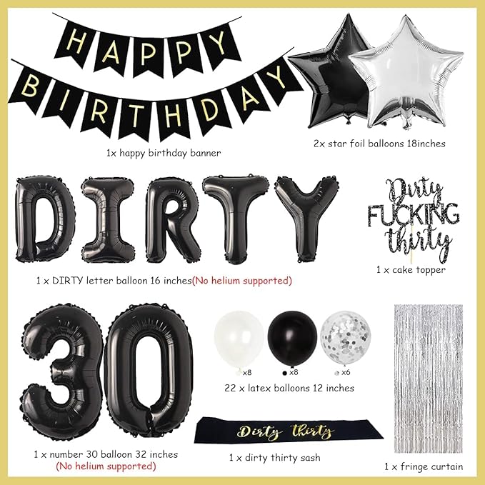 30th Birthday Party Decorations Silver and Black, Dirty Thirty Banner Balloon Dirty 30 Sash Cake Topper for for Her Him 30 Years Old Birthday Party Supplies