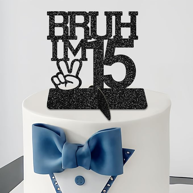 Bruh I'm 15 Black Glitter Center Pieces Decoration - Funny 15th Party Decorations for Boys, 15th Birthday Centerpiece, Teen Boy Birthday Decor, Party Supplies (Bruh I,m 15)
