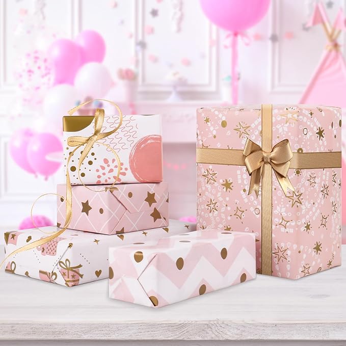 Pink Christmas Wrapping Paper, Girl Wrapping Paper with Metallic Gold Foil Design, Birthday Wrapping Papers for Girls and Women, Gift Wrapping Supplies for Birthday, Valentines Day, Christmas, Baby Shower, 27.5x19.6Inch