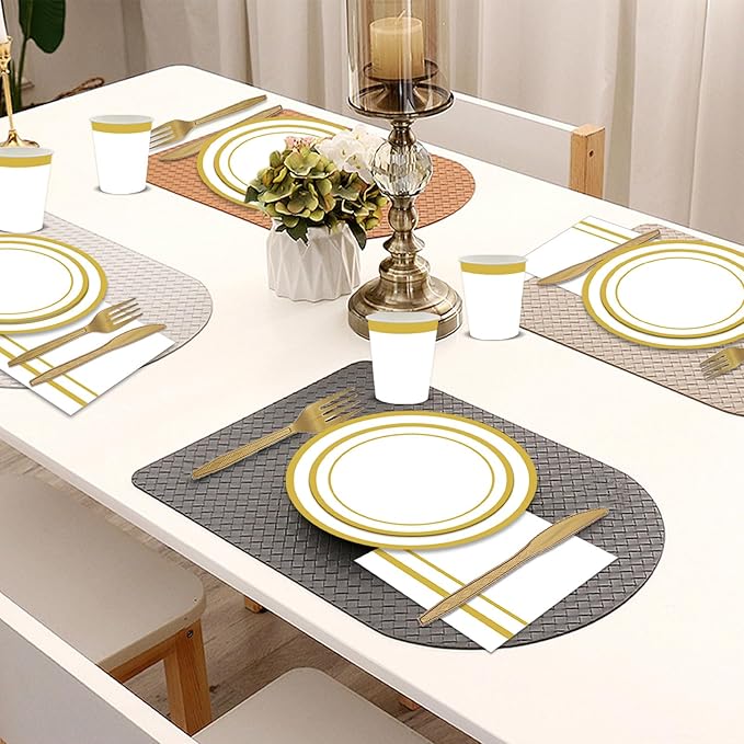 144PCS White and Gold Plates and Napkins Party Supplies Gold Disposable Dinnerware Set Include Golden Paper Dinner Dessert Plates Napkins Cups Cutlery for Birthday Wedding Bridal Shower Decor Serve 24